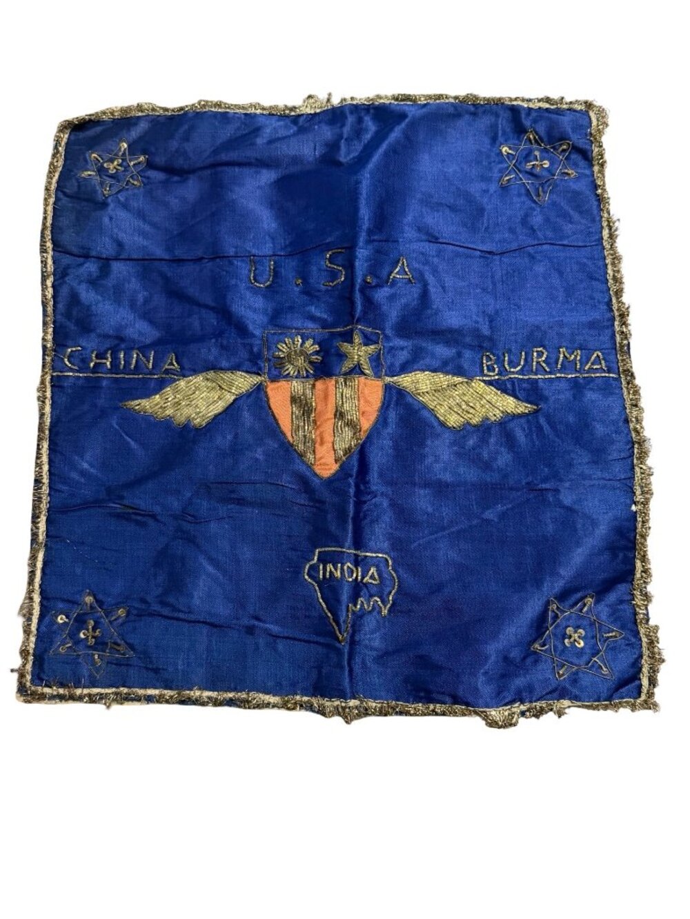 Vintage WWII CBI China Burma India Theater Embroidered Silk Banner Wall Hanging